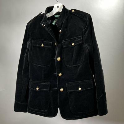 RALPH LAUREN BLACK VELVET JACKET | Size 14, black cotton jacket with gold-tone buttons. - l. 26 in (from shoulder)
