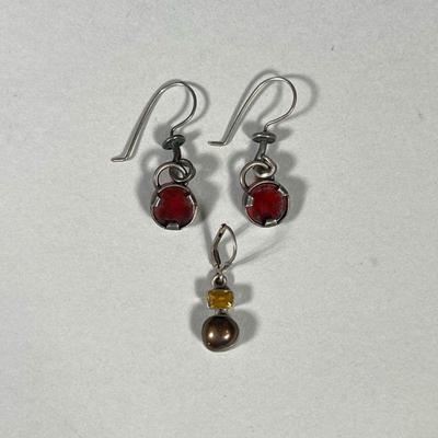 (3PC) STERLING EARRINGS | Including pair of Sterling earrings with round amber centerpiece and other Sterling earrings, all stamped...