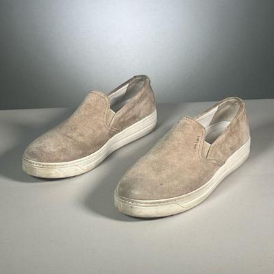 MEN'S PRADA SLIP-ONS | Light tan / beige suede slip-on sneakers, men's size 9.
