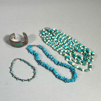(4PC) TURQUOISE JEWELRY SET | Four pieces of jewelry with turquoise motifs including two bracelets and two necklaces. Silver bangle with...