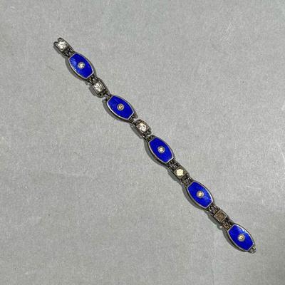 SILVER & ENAMEL BRACELET | Bracelet fragment, likely sterling silver, with blue guilloche enamel and faux diamonds, marked...
