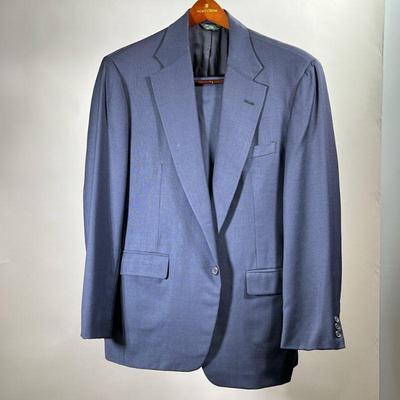 SAINT LAURIE BESPOKE SUIT | Men's navy blue linen suit pants and jacket, with no apparent size or material label; jacket w. 19 in....