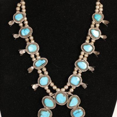 Native American Sterling & Turquoise Squash Blossom Necklace 31