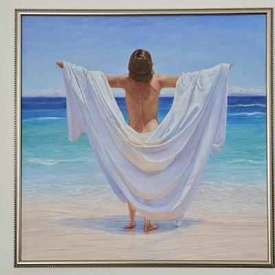 Oil on Canvas, Woman w/ Wrap on Beach, 38in sq