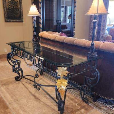 Large Wrought Iron w/ Glasstop Entry / Sofa Table w/ Black w/ Gold Leaf Color Accents - kept in formal sitting area, great condition,...