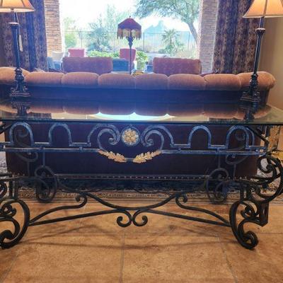 Large Wrought Iron w/ Glasstop Entry / Sofa Table w/ Black w/ Gold Leaf Color Accents - kept in formal sitting area, great condition,...