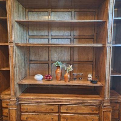 Oak Distressed Finish Entertainment Center - breaks down to 3 units, 99"H x 111"W x 27"DÂ ($750)