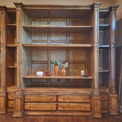 Oak Distressed Finish Entertainment Center - breaks down to 3 units, 99"H x 111"W x 27"DÂ ($750)