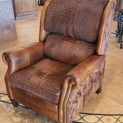 King HickoryÂ Recliner Living Room Chair - minor wear, nailhead trim accents, distressedÂ leather, upholstered, very comfortable, high...