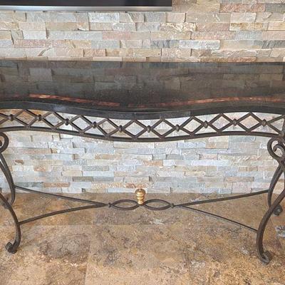 Wrought Iron Entry / Sofa Table w/ Black Marbletop & Tile Inlay - great condition, kept behind large sectional sofa out of sight, 56