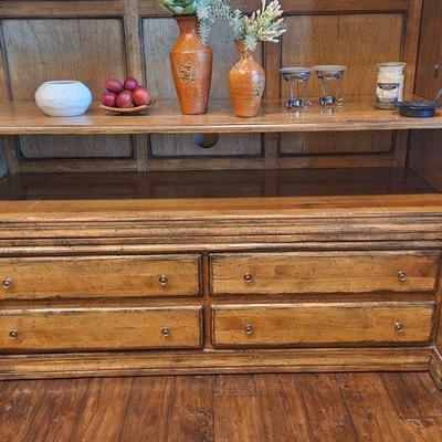 Oak Distressed Finish Entertainment Center - breaks down to 3 units, 99"H x 111"W x 27"DÂ ($750)