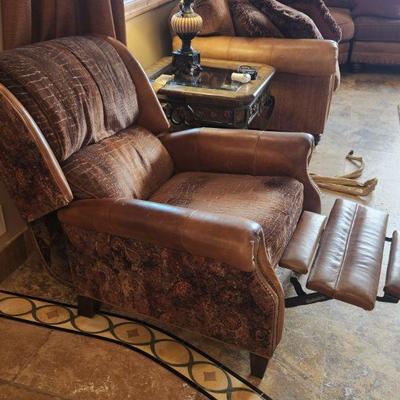 King HickoryÂ Recliner Living Room Chair - minor wear, nailhead trim accents, distressedÂ leather, upholstered, very comfortable, high...