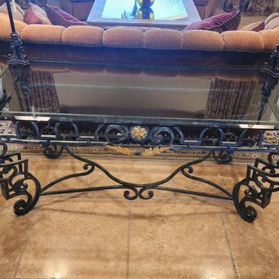 Large Wrought Iron w/ Glasstop Entry / Sofa Table w/ Black w/ Gold Leaf Color Accents - kept in formal sitting area, great condition,...