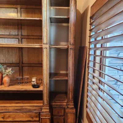 Oak Distressed Finish Entertainment Center - breaks down to 3 units, 99"H x 111"W x 27"DÂ ($750)
