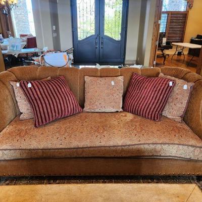 Raymond Waites By Lane Sofa / Couch On Castors - kept in formal sitting area, very clean, nailhead trim, paisley upholstery, 90"L x...