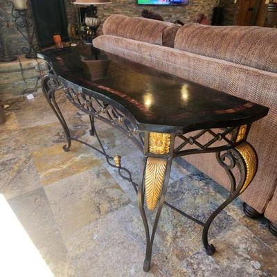 Wrought Iron Entry / Sofa Table w/ Black Marbletop & Tile Inlay - great condition, kept behind large sectional sofa out of sight, 56