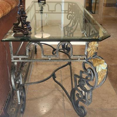 Large Wrought Iron w/ Glasstop Entry / Sofa Table w/ Black w/ Gold Leaf Color Accents - kept in formal sitting area, great condition,...