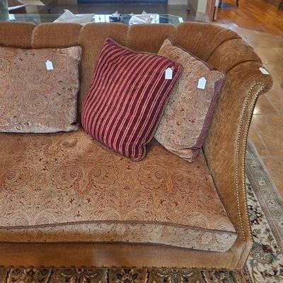 Raymond Waites By Lane Sofa / Couch On Castors - kept in formal sitting area, very clean, nailhead trim, paisley upholstery, 90"L x...