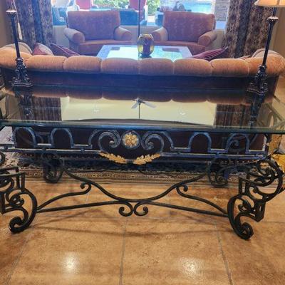 Large Wrought Iron w/ Glasstop Entry / Sofa Table w/ Black w/ Gold Leaf Color Accents - kept in formal sitting area, great condition,...