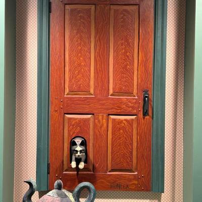 Cat Door by Stephen Huneck (American 1948-2010) Carved Relief