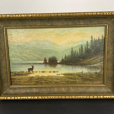 Antique Oil Painting of Deer/Mountain/Lake