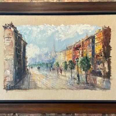 Vintage City Street Scene Signed Oil Painting