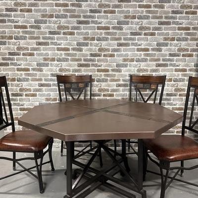 6-Sided Dining Table & 4- Chairs w/ Slate Accent