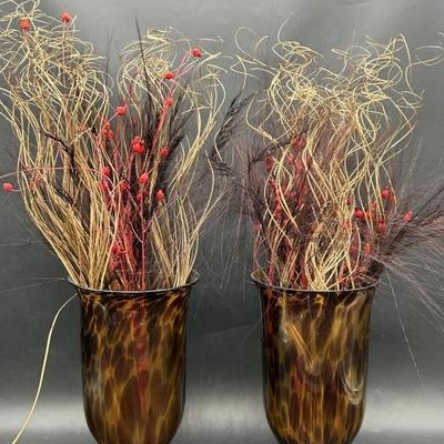 (2) Grass & Faux Berry Arrangements in Brown Vases