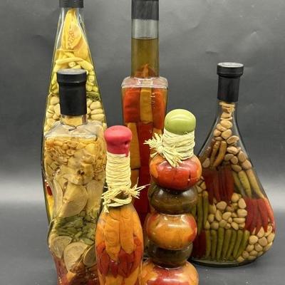 (7) Decorative Kitchen Bottles w/ Vegetables & Oil