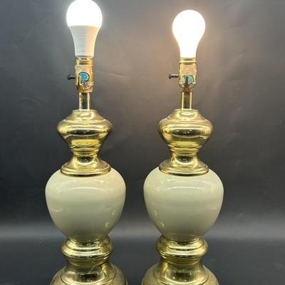 Pair Vintage Green Ceramic & Brass Table Lamps