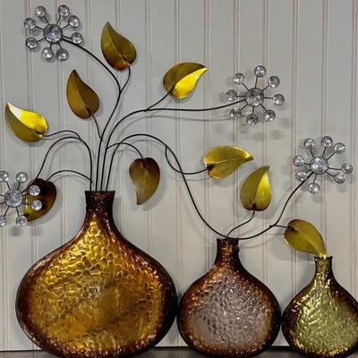 Metal Wall Sculpture w/ 3 Vases. Leaves, & Bling