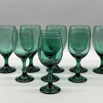 (9) Green Glass Goblets: 5- Larger, 4- Smaller