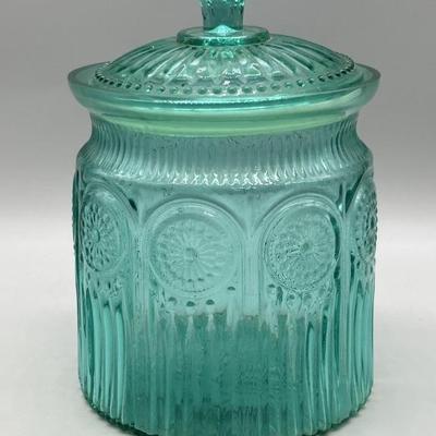 Green Pressed Glass Pioneer Woman Cookie Jar