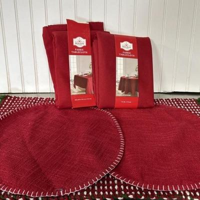 (2) Red Fabric Tablecloths w/ Place Mats