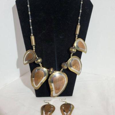 Brass, Silver, Copper Toned Necklace And Earrings