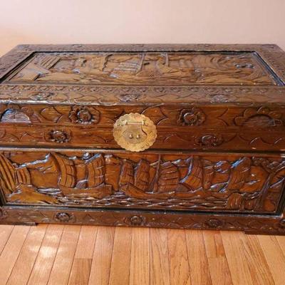 Wonderful Hand Carved Wood Chest