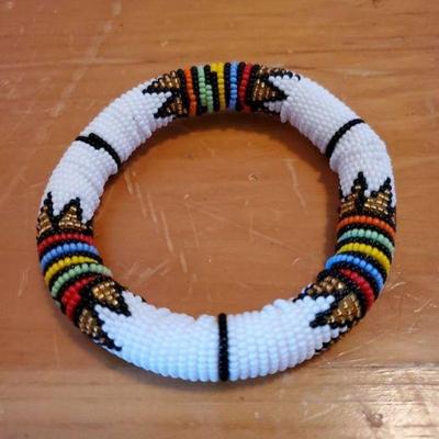 African White Beaded Bangle Bracelet