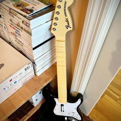 Wii console, game, guitar, and drums