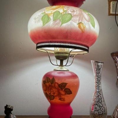 Vintage Hurricane Lamp with double light Bottom is is Night lite 3 way switch   Cranberry Old Fashion holiday Colors