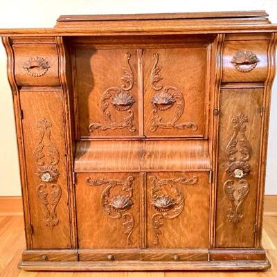 BIHY903 Vintage Sewing Cabinet	Hand carved wooden sewing cabinet with 5 drawers tilt open top revealing sewing machine well (machine not...