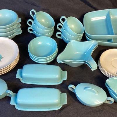 BIHY505 Vintage 1950's Melamine Brookpark Fantasy Dishes By Joan Luntz	Robins egg blue with some wear and staining. Some spots can be...