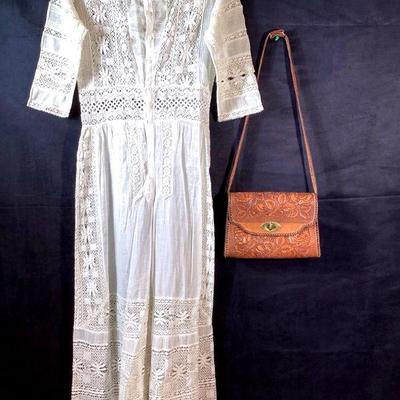 BIHY929 Antique Lace Frock & Vintage Leather Purse	1 white lace frock with hook and loop closure up the front. Â Approximately...