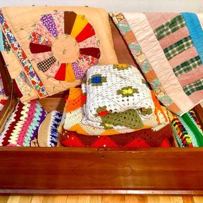 BIHY907 Antique Cedar Chest Filled With Quilts & Afghans	Handcrafted wooden cedar chest with lift out shelf and hand carved...