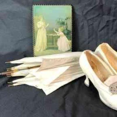 BIHY508 Woman's Vintage Wedding Shoes, Parasol And A Small Picture	Small pair of woman's vintage wedding shoes from The Bon Marche...