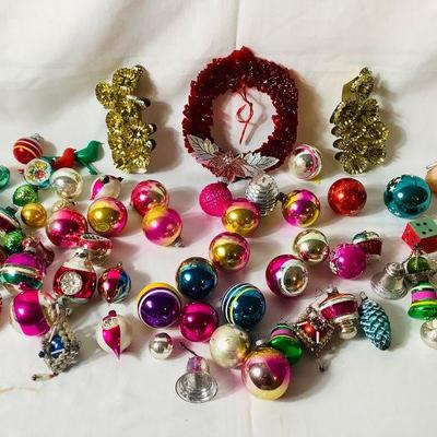 BIHY810 Vintage Mercury Glass Ornaments And More	Assortment of vintage glass ornaments, small number of other holiday decorations....