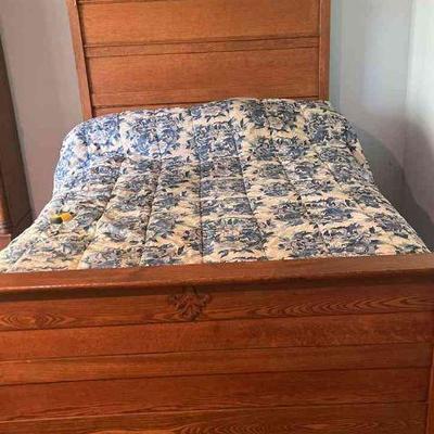 Antique Golden Oak Carved Headboard And Footboard