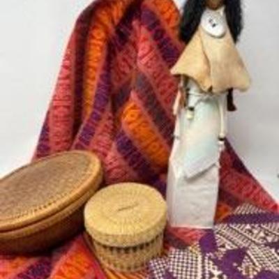 native woven baskets, linen and doll