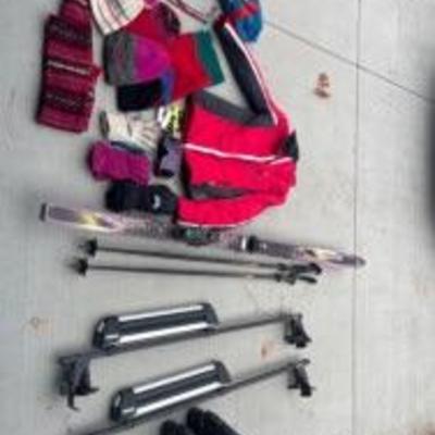 retro ski equipment; skis, boots, bindings, car rack