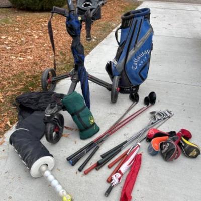 Golf clubs, pull cart and accessories 