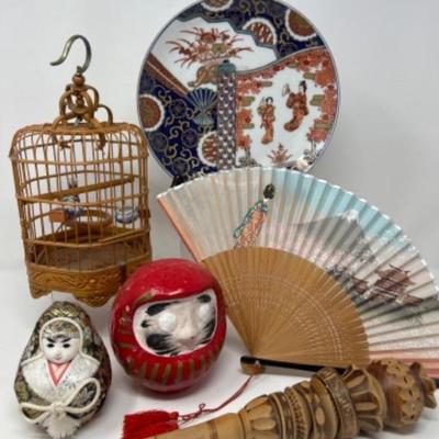 asian fan, birdcage decor, dolls, mexican coco frother